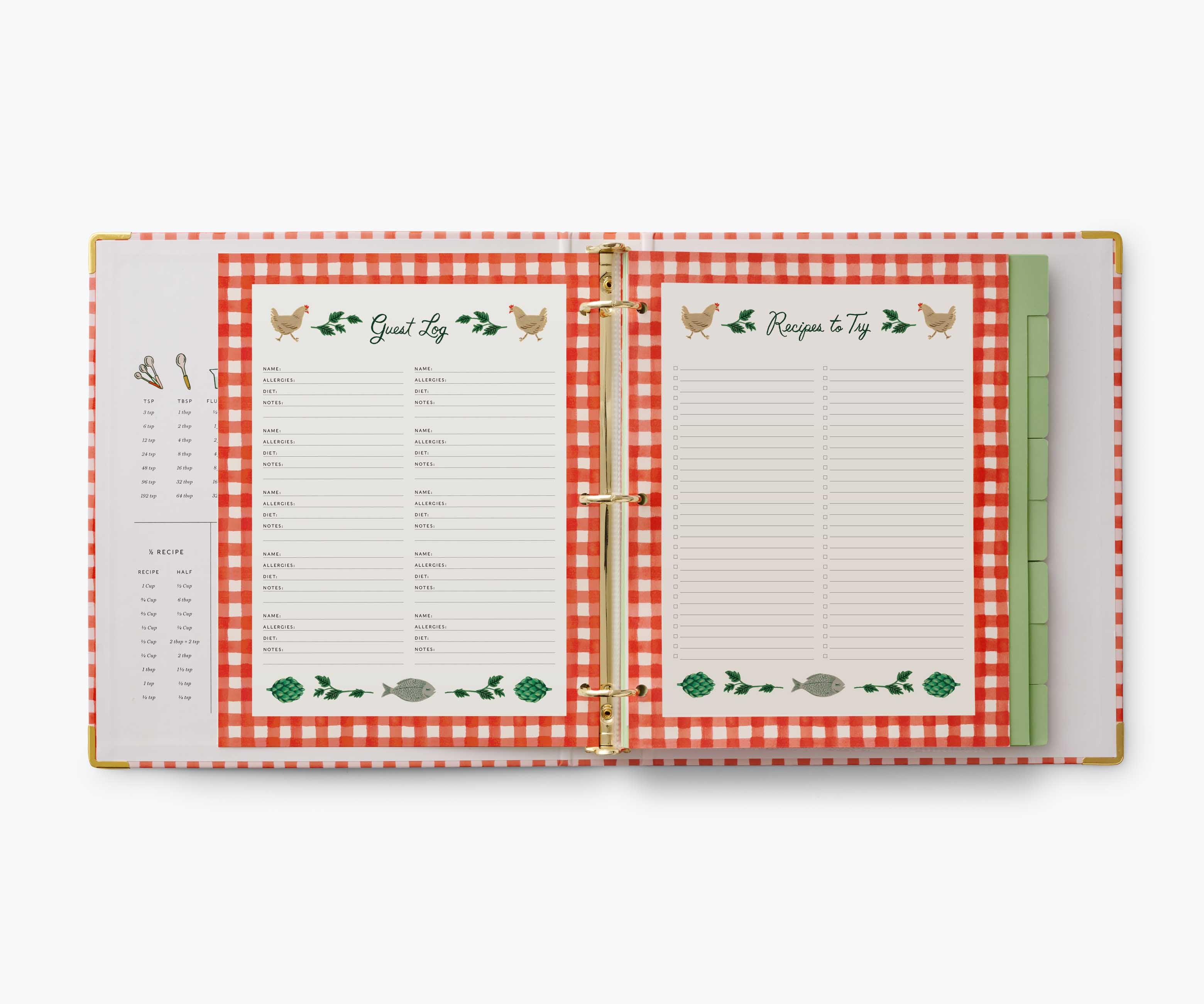 Open Holly Jolly Recipe Binder showing Guest Log and Recipes to Try pages with festive chicken and herb illustrations