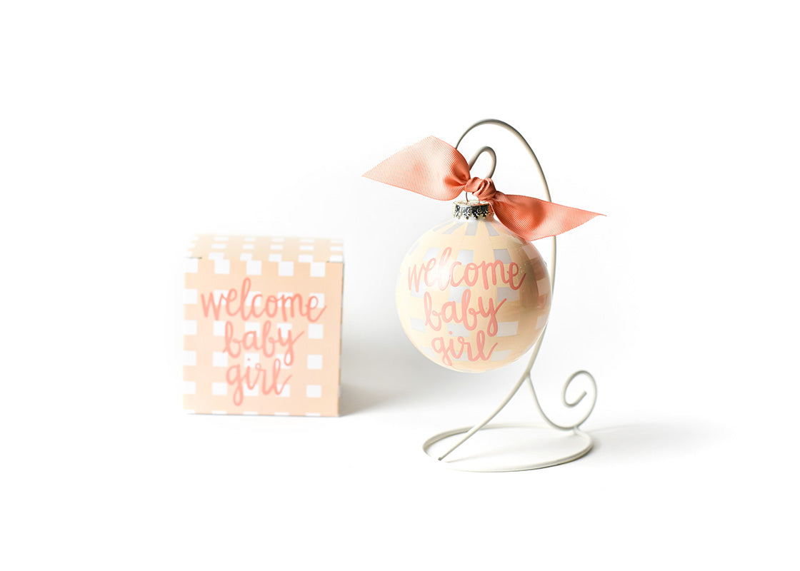 Welcome Baby Girl Gingham 100mm Glass Ornament