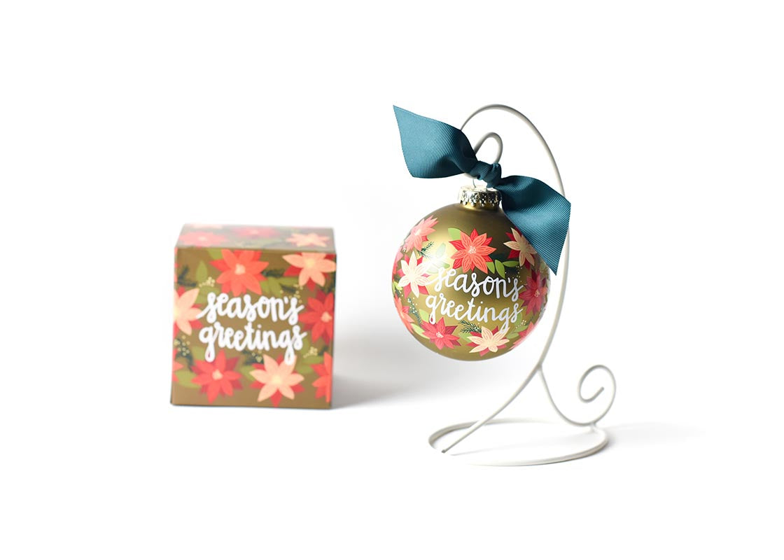 SEASONS GREETINGS POINSETTIA 100MM GLASS ORNAMENT