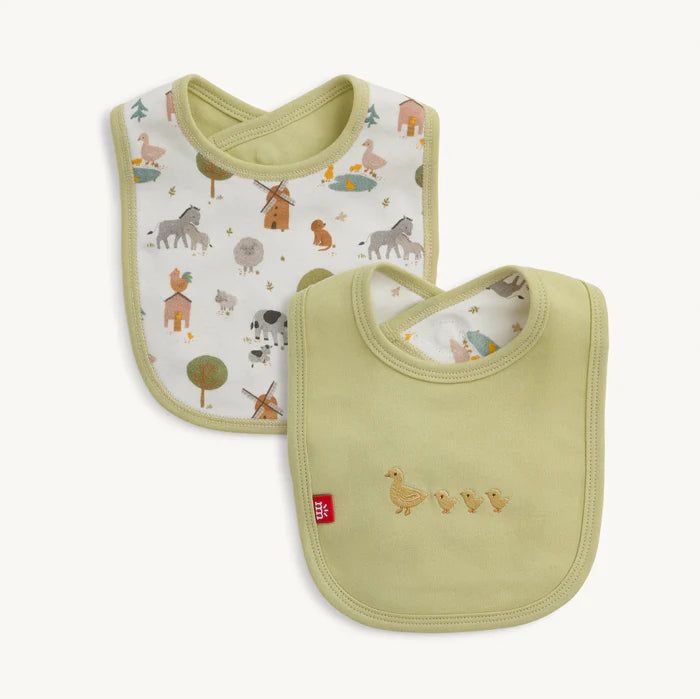 FUNNY FARM REVERSIBLE, ORGANIC COTTON BIB W/EMBROIDERY
