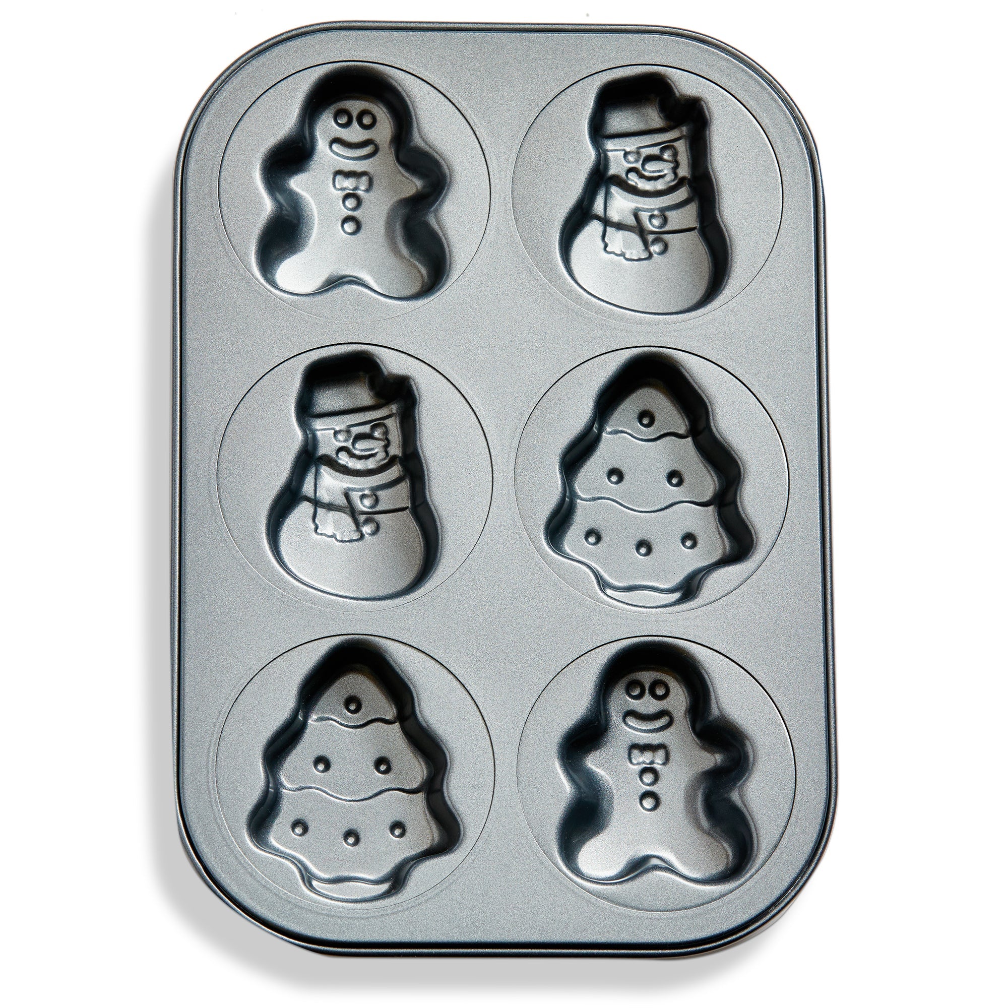 TAG Mini Christmas non-stick baking pan with six assorted holiday molds including gingerbread men, snowmen, and Christmas ...