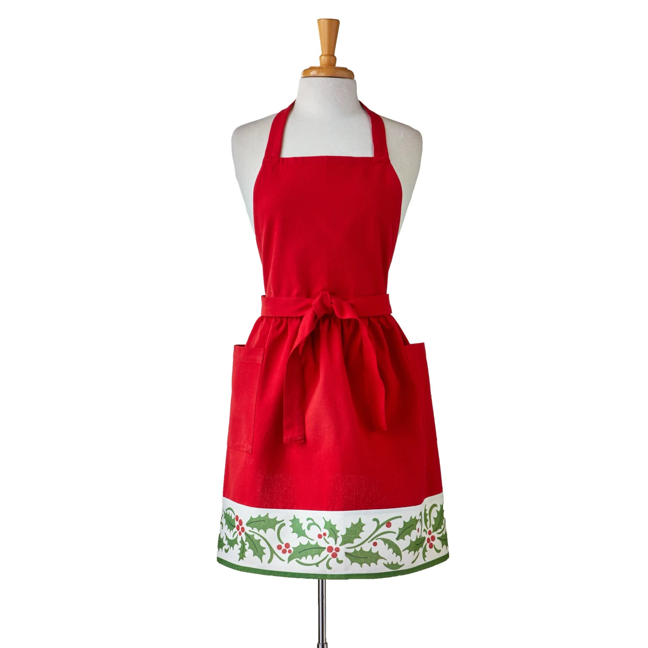 Red Christmas apron with holly berry border pattern and two front pockets by TAG