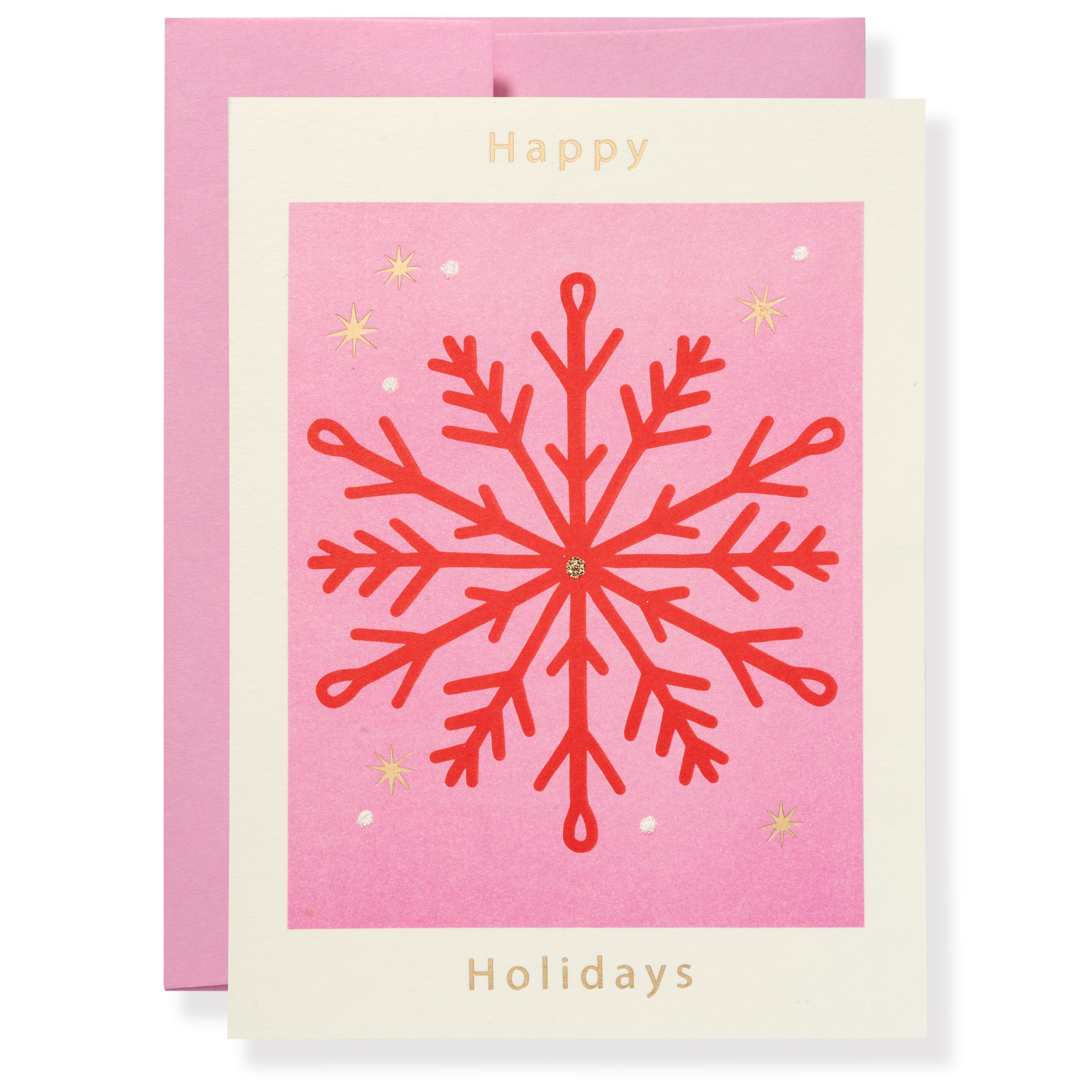 Happy Holidays greeting card featuring a red snowflake on pink background with gold star accents