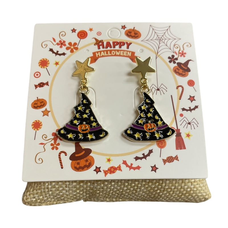 Halloween witch hat drop earrings with gold star studs on branded packaging card
