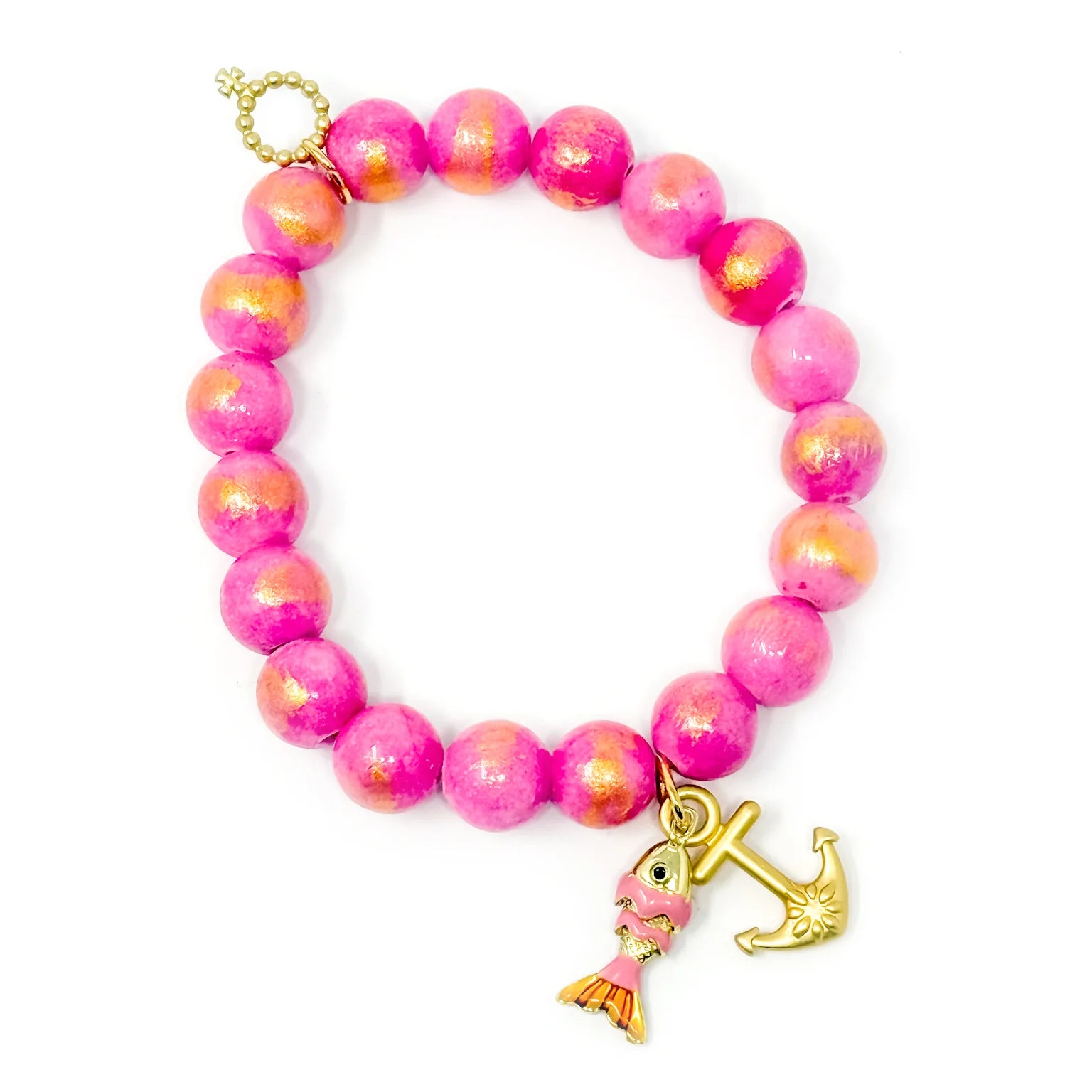 10mm Hot Pink Angel Kiss Agate w/ Gold Anchor & Pink Fish