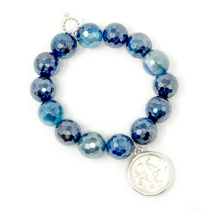 14mm Faceted Iridescent Blue Stripe Agate w/ Silver Serenity Prayer