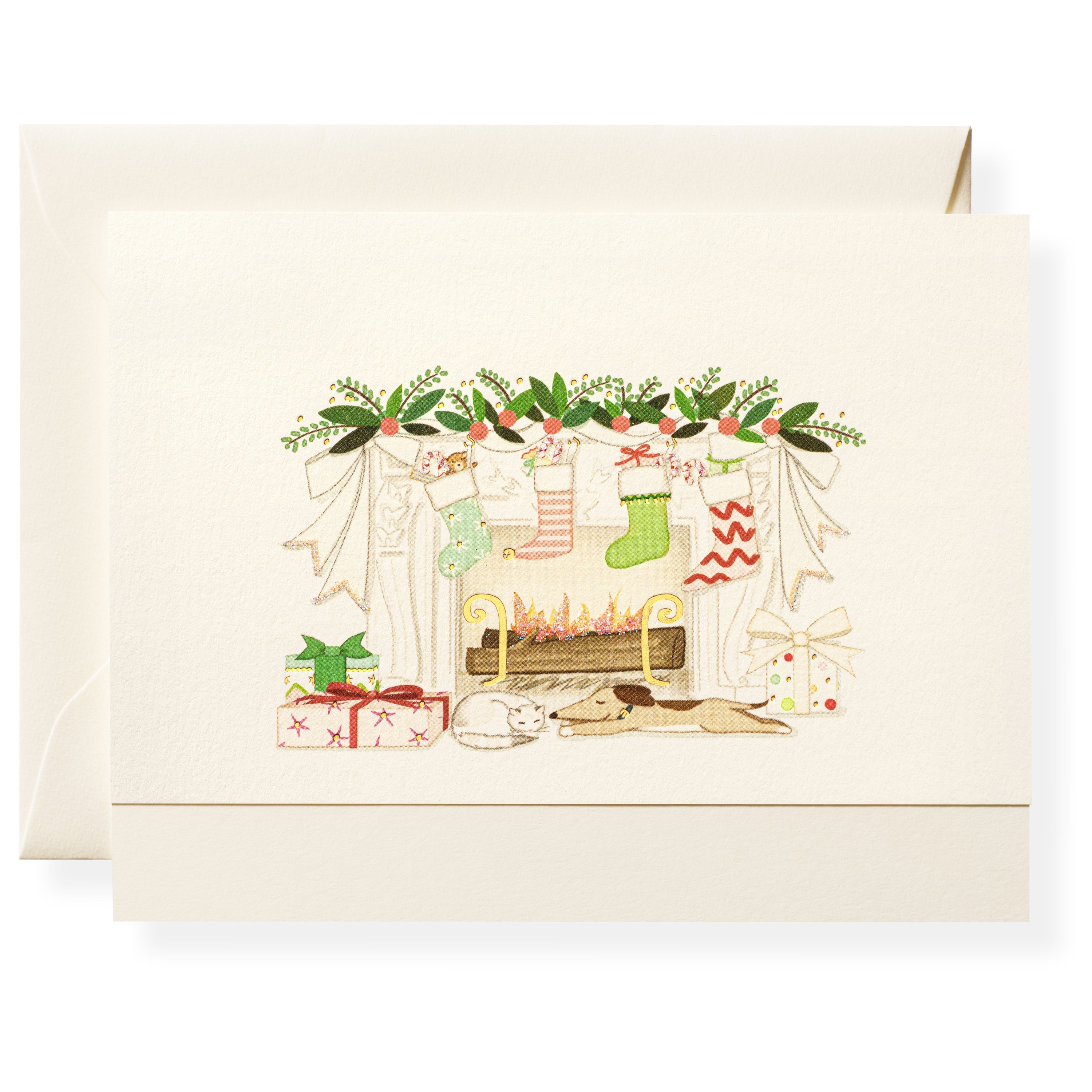 Karen Adams Designs Home for the Holidays note card showing festive fireplace scene with stockings and pets