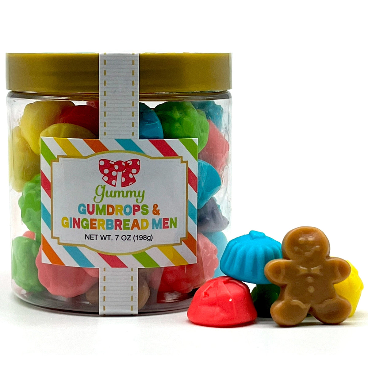 Clear jar of Gummy Gumdrops and Gingerbread Men candy with colorful gummies displayed outside