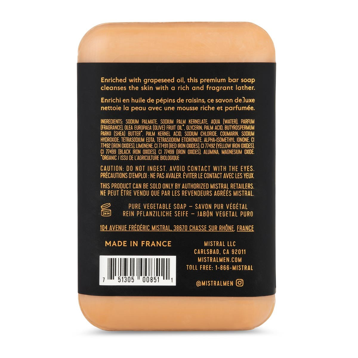Back label of Mistral Men golden tobacco bar soap showing ingredients and product details