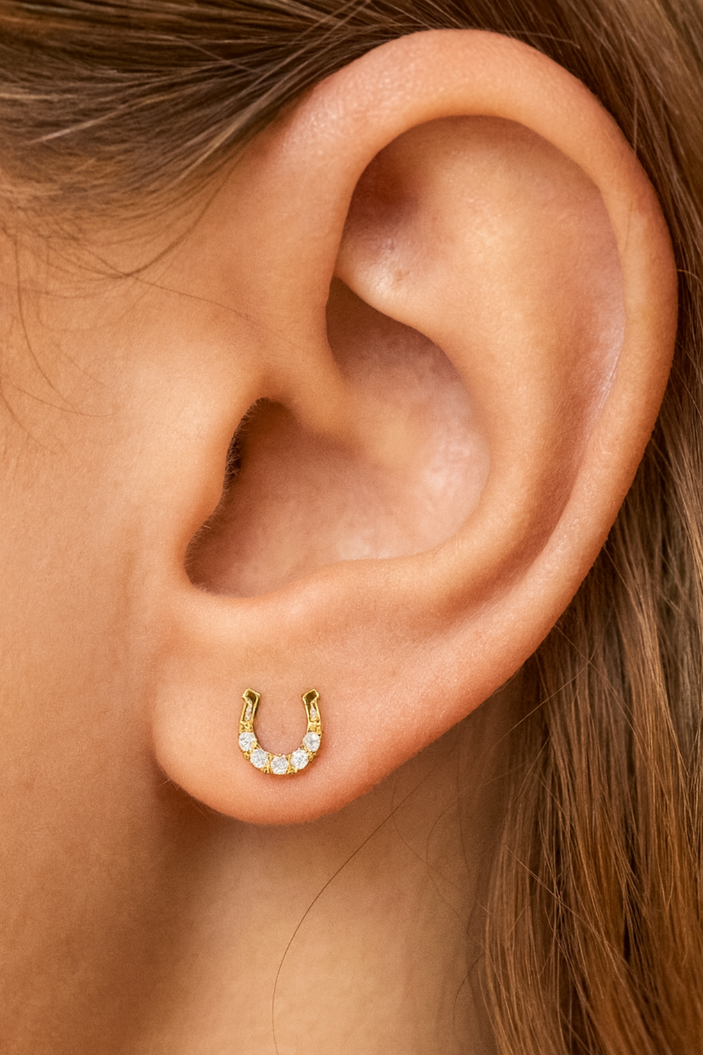 Earrings - Single Stud - Horseshoe w/Light Blue Pave Accent - Gold