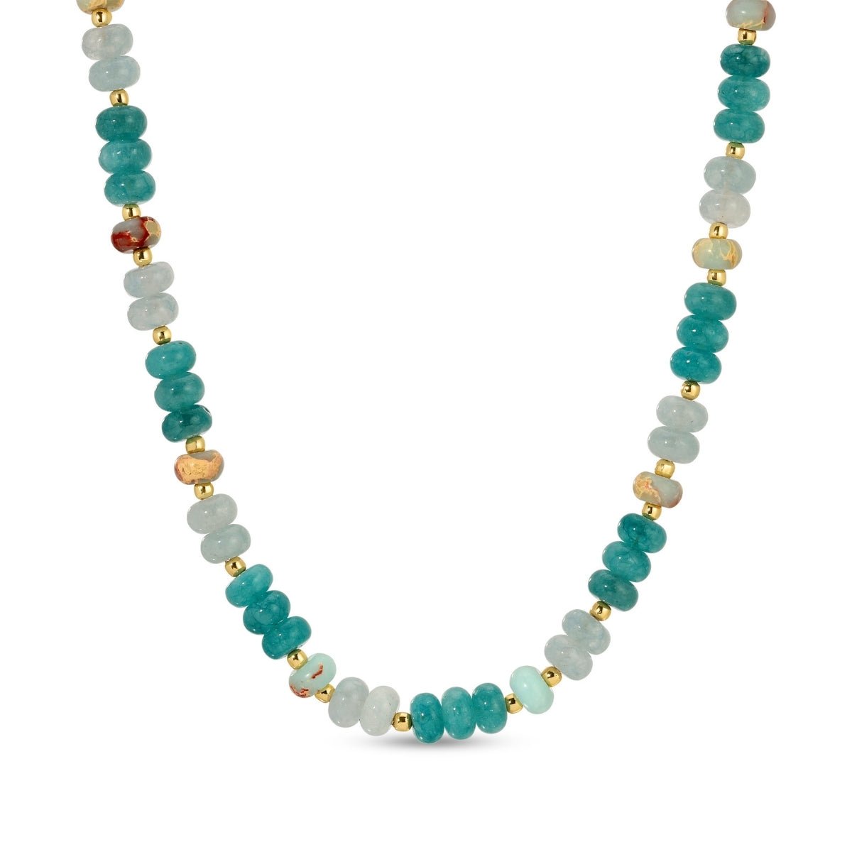 Necklace - Multi Color Stones w/Bead Accents Fuschia/Blue/Peach - Gold