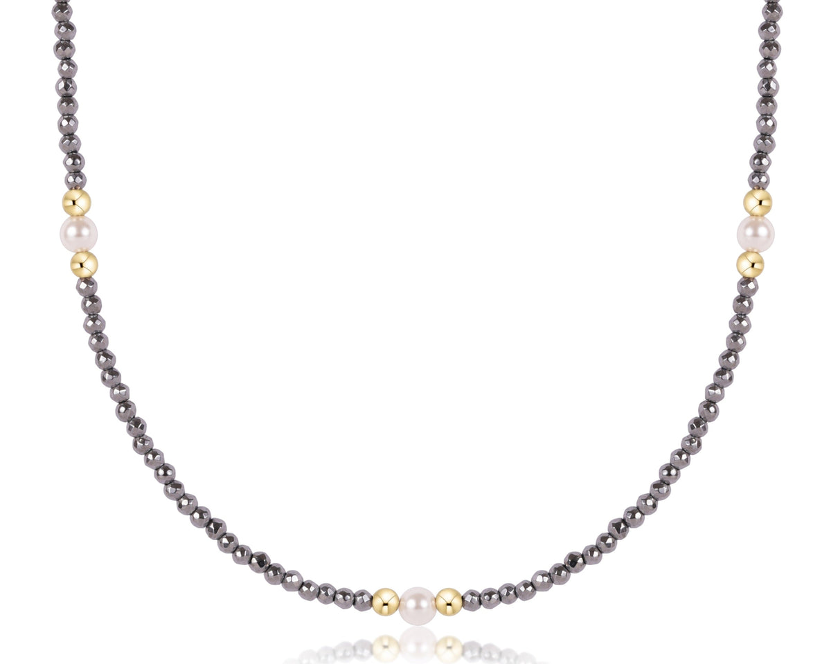 eNewton 15-inch choker necklace with silver faceted hematite beads, gold accent beads, and white pearls