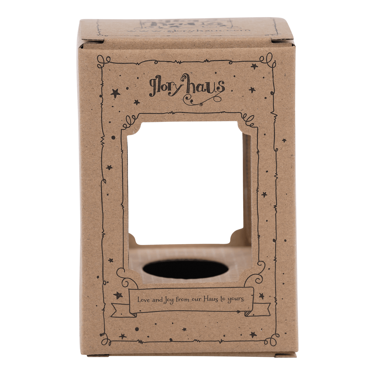 Glory Haus branded kraft cardboard packaging box for Snowman Puff Ornament with display window