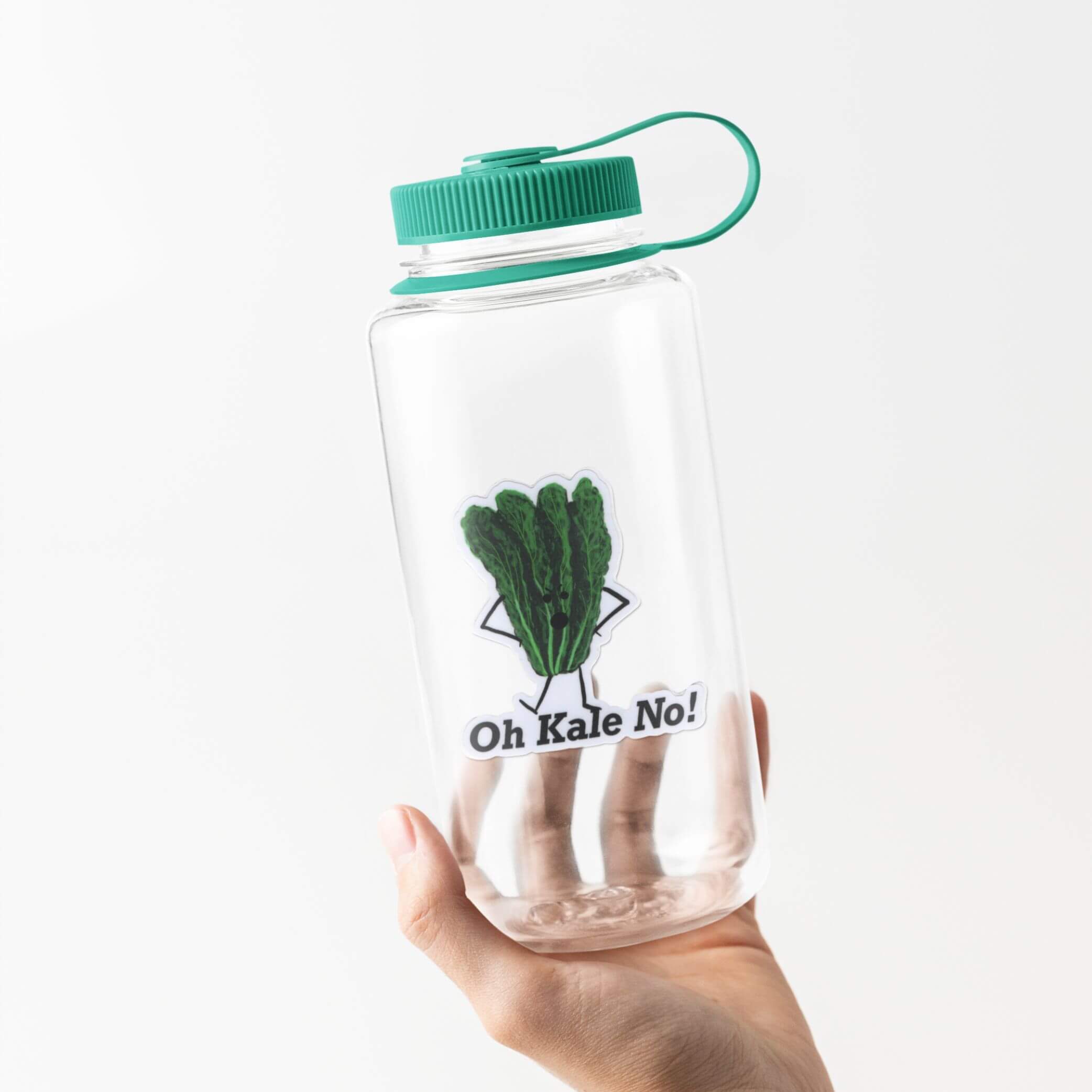 Oh Kale No sticker featuring animated kale character on a clear water bottle with green lid