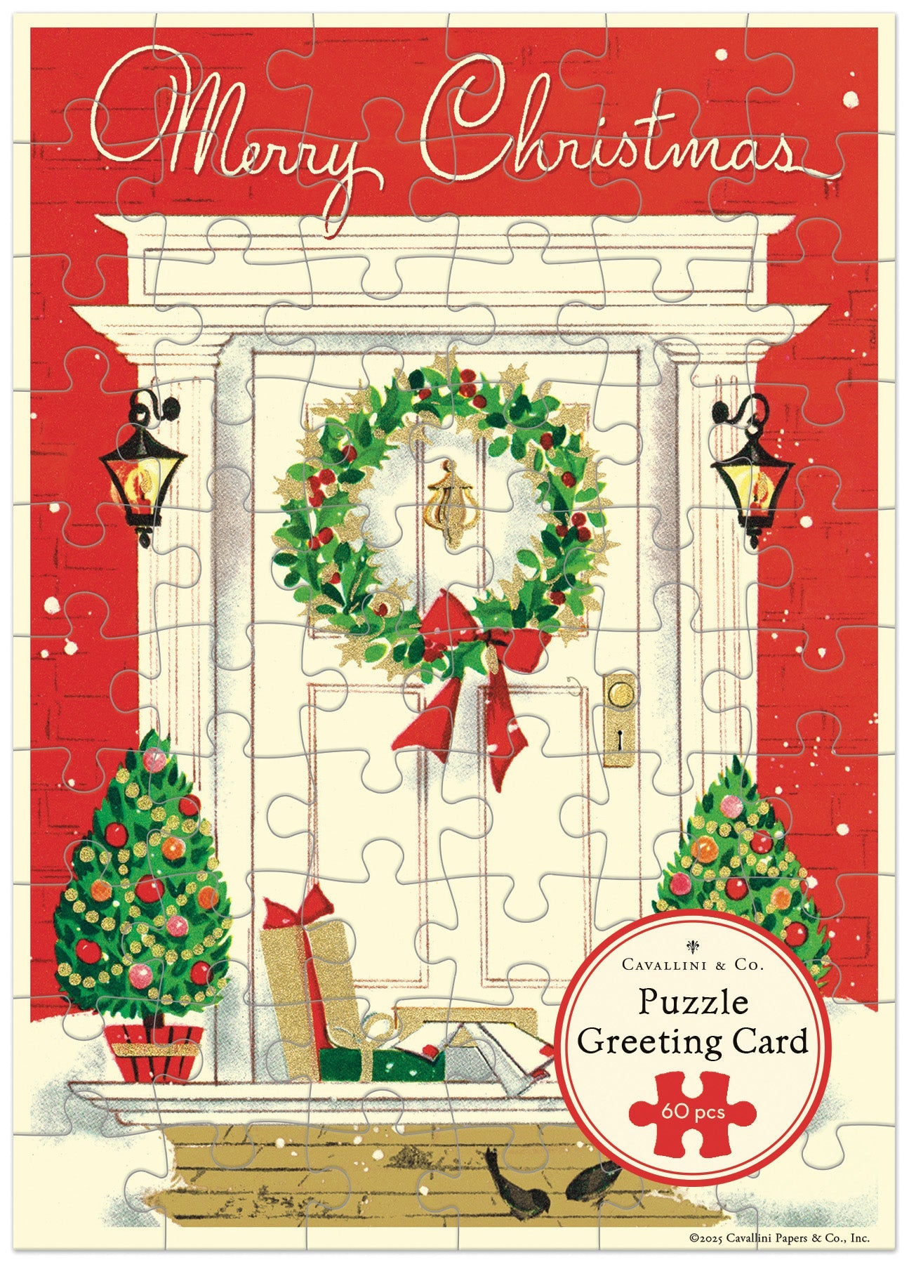 Cavallini Merry Christmas Home 60-piece puzzle greeting card with festive door scene