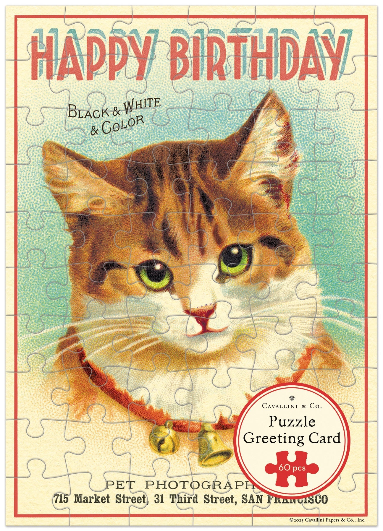 Cavallini Happy Birthday Cat 60-piece puzzle greeting card featuring vintage tabby cat illustration