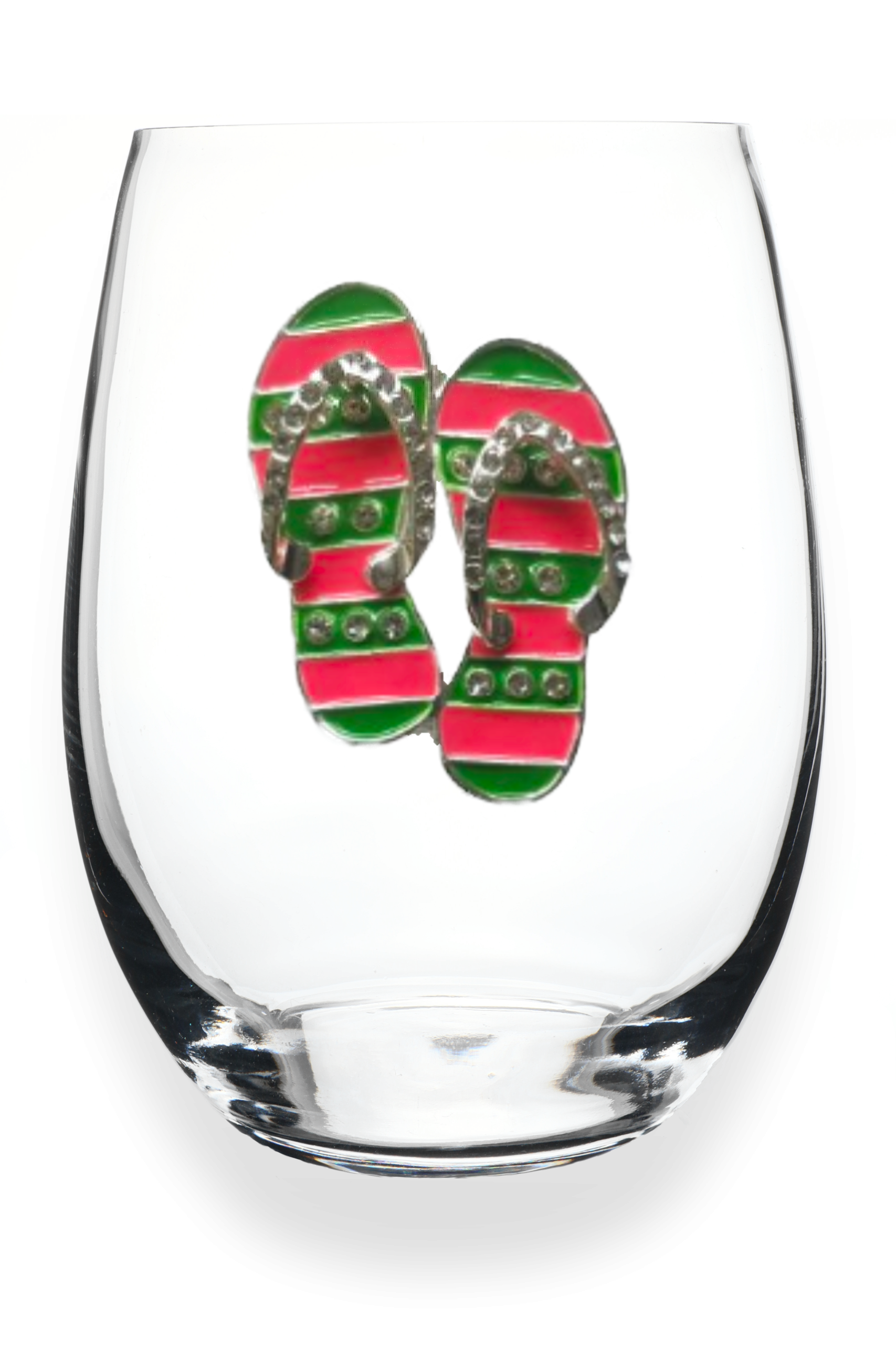 Pink & Green Stripe Flip Flop Stemless Wine Glass