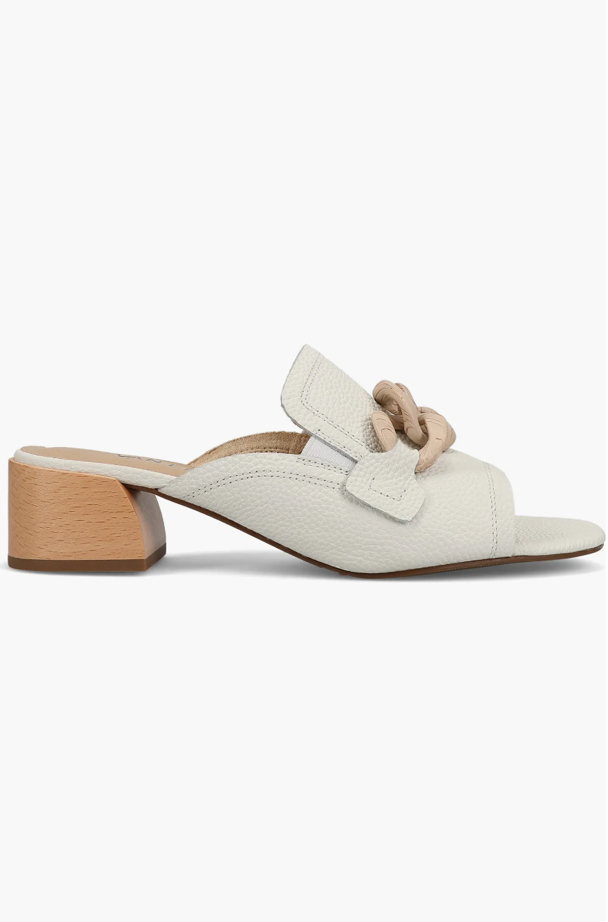 VanEli Cannia white leather block heel mule with beige chain detail and wooden heel