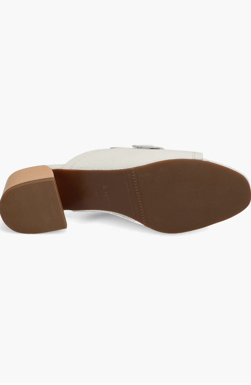 Bottom sole view of Vaneli Cannia Calf white block heel sandal showing brown rubber outsole