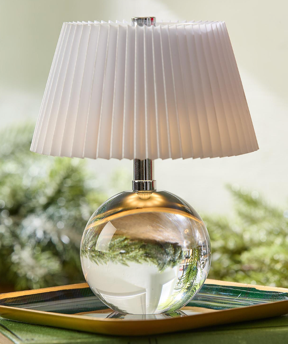 CRYSTAL LED CORDLESS GLASS TABLE LAMP WHITE PLEATED SHADE