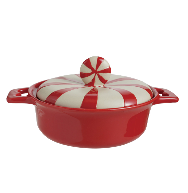 Red stoneware baker with peppermint candy striped lid and round knob handle