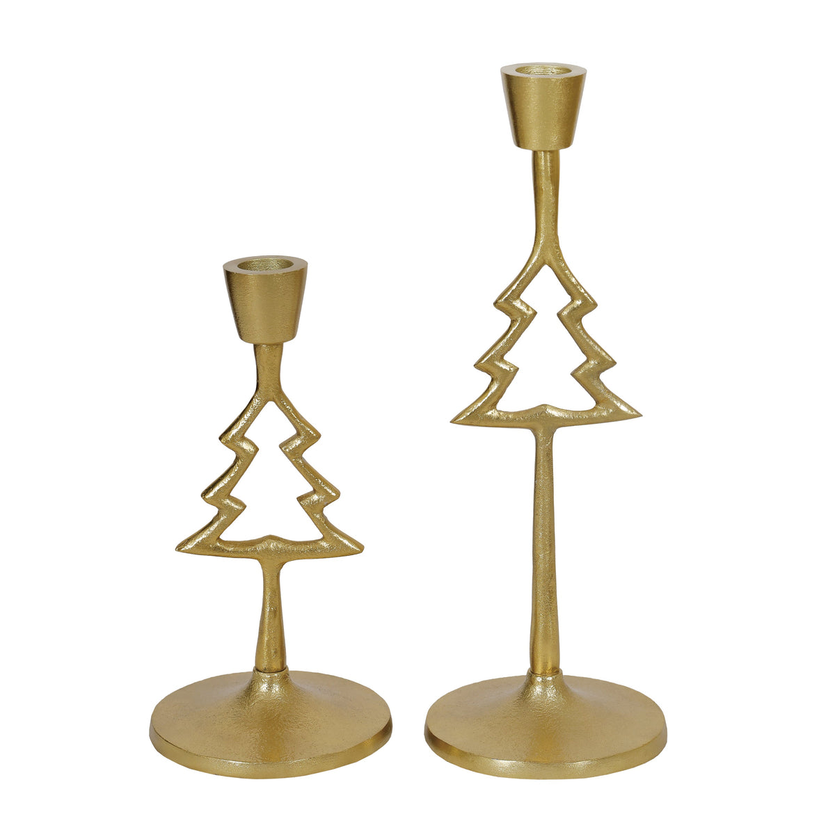 Set of two gold metal Christmas tree candlestick holders in small and large sizes