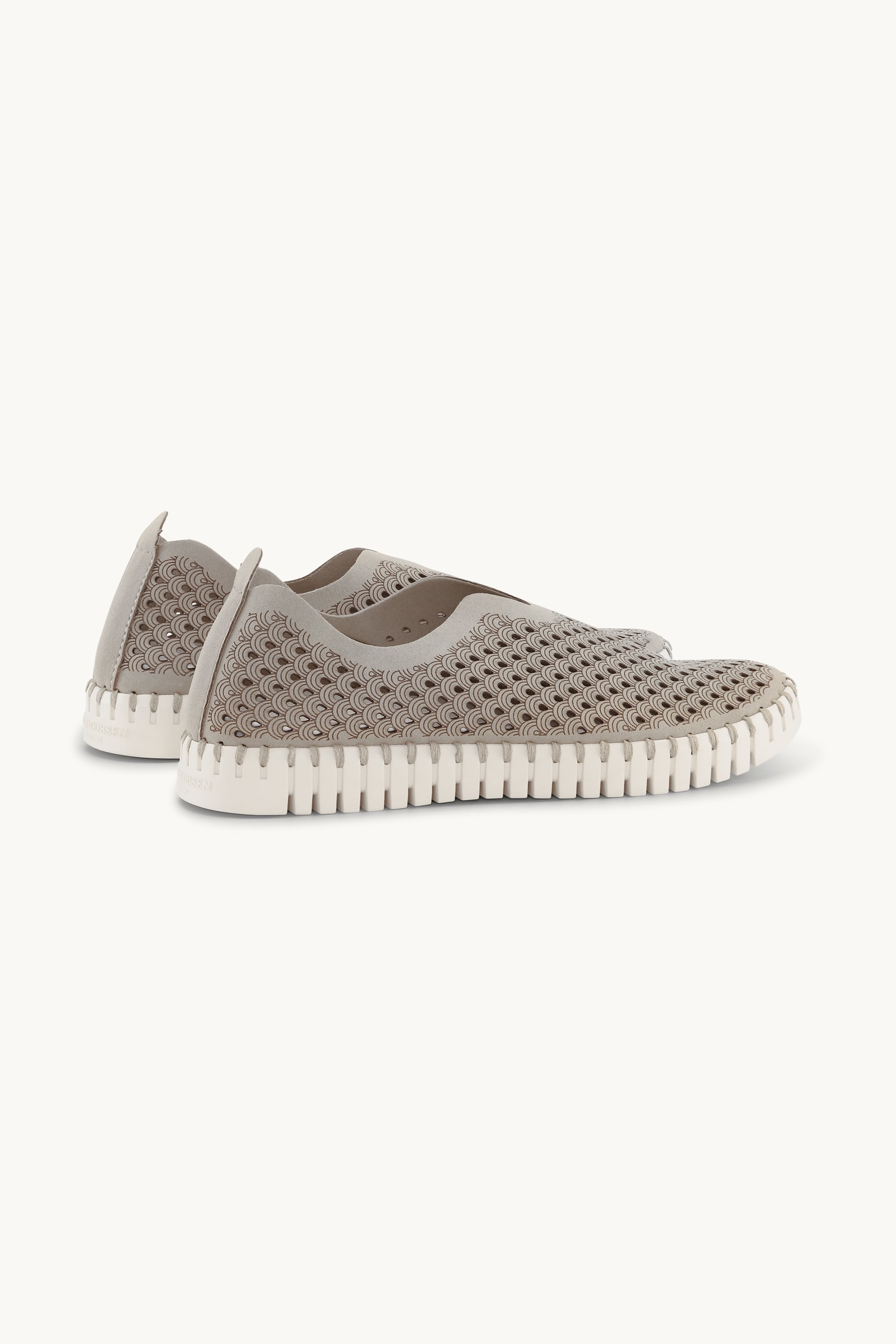 Ilse Jacobsen Tulip Platform slip-on sneakers in atmosphere taupe with scalloped perforated upper and white sole, pair sho...