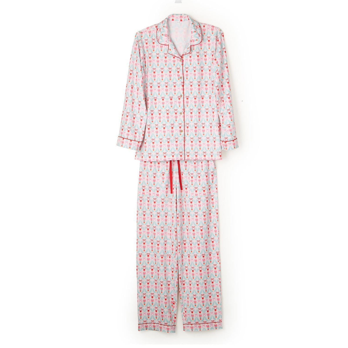Nutcracker print pajama set with long-sleeve button-down shirt and matching pants, white background