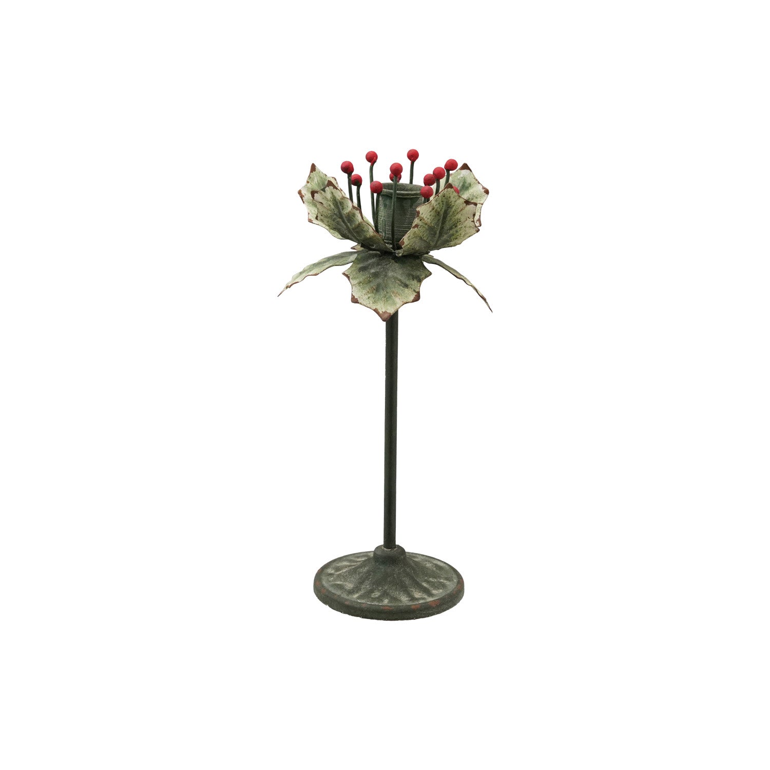Metal holly leaf shaped candlestick holder with red berry stamens on decorative stand