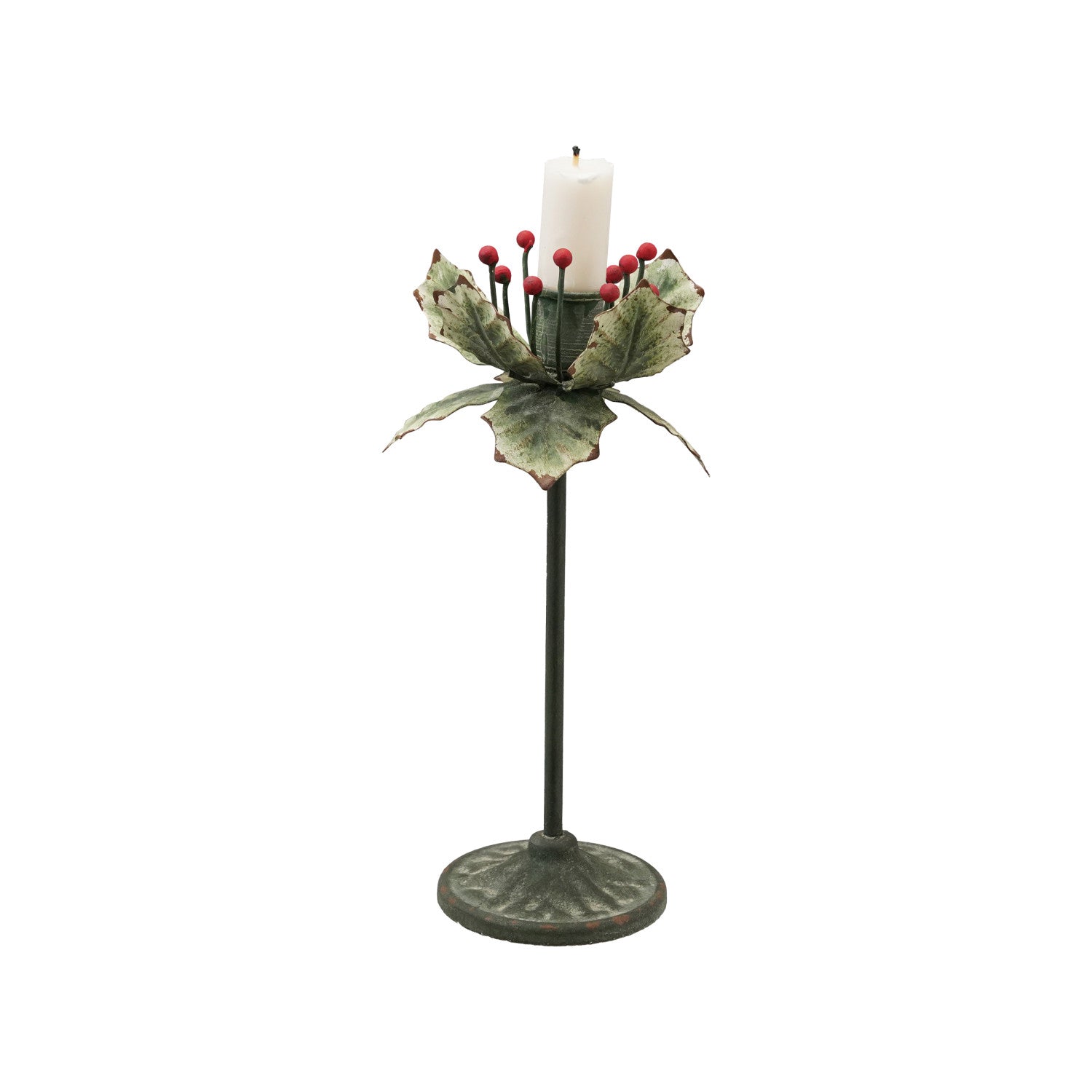 Metal holly leaf shaped candlestick holder with red berries and white pillar candle