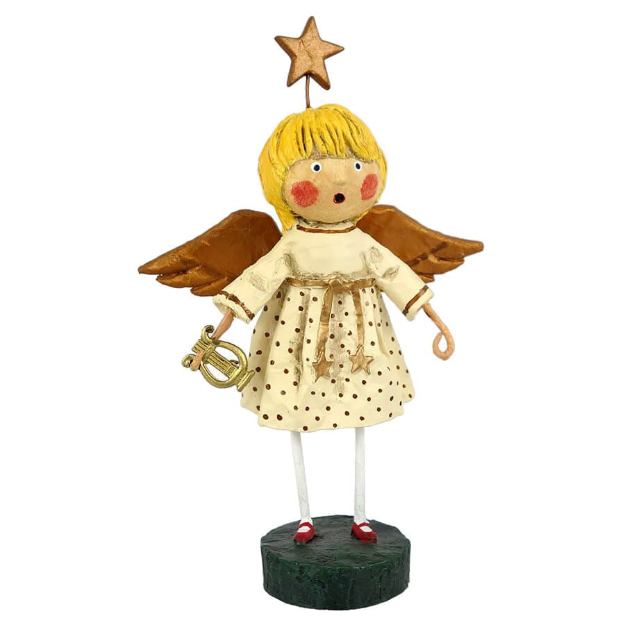 Lori Mitchell angel figurine with blonde hair, gold wings, polka dot dress, and star wand