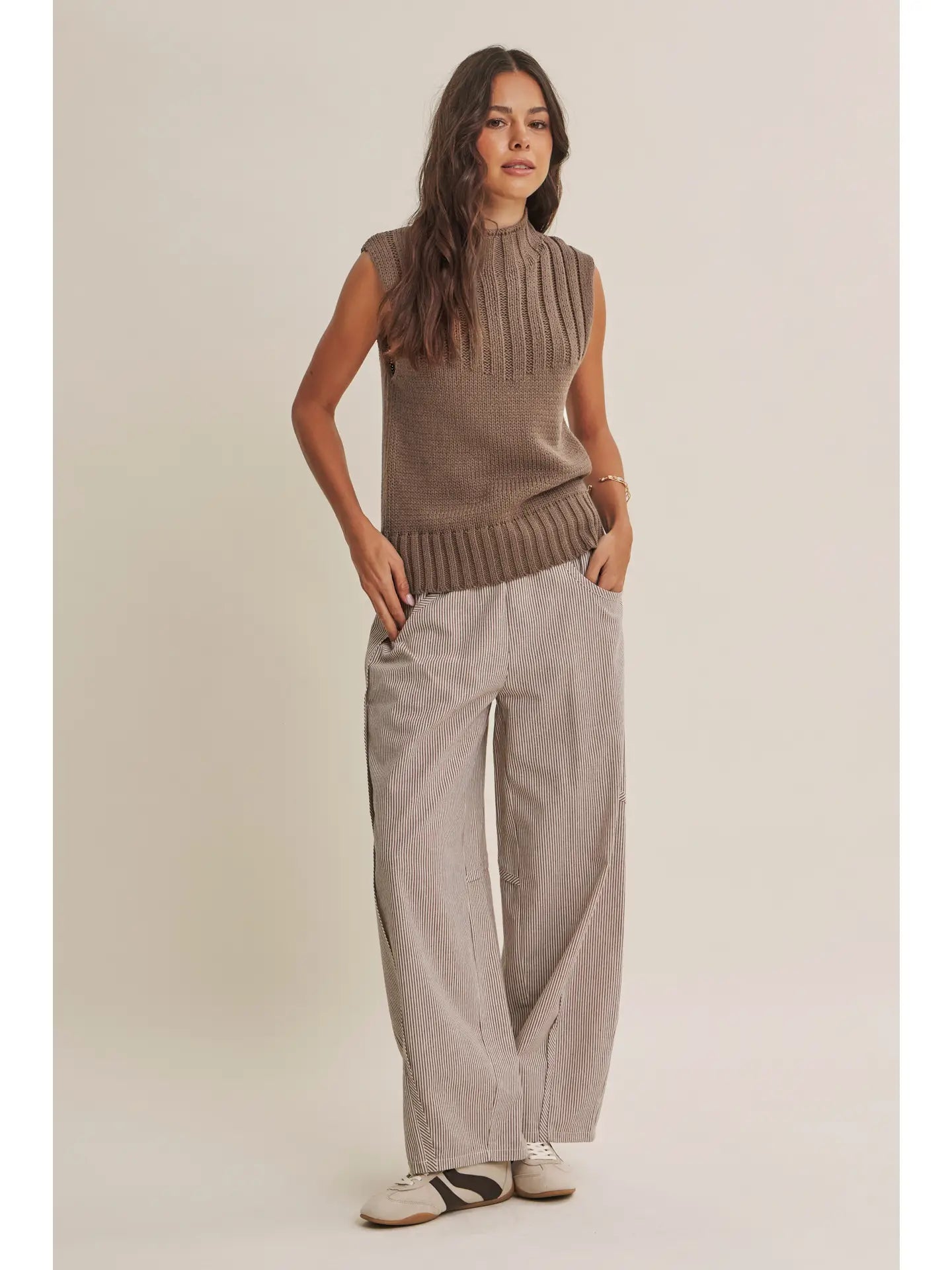 STRIPE COTTON BARREL PANTS-CHOCOLATE-SMALL