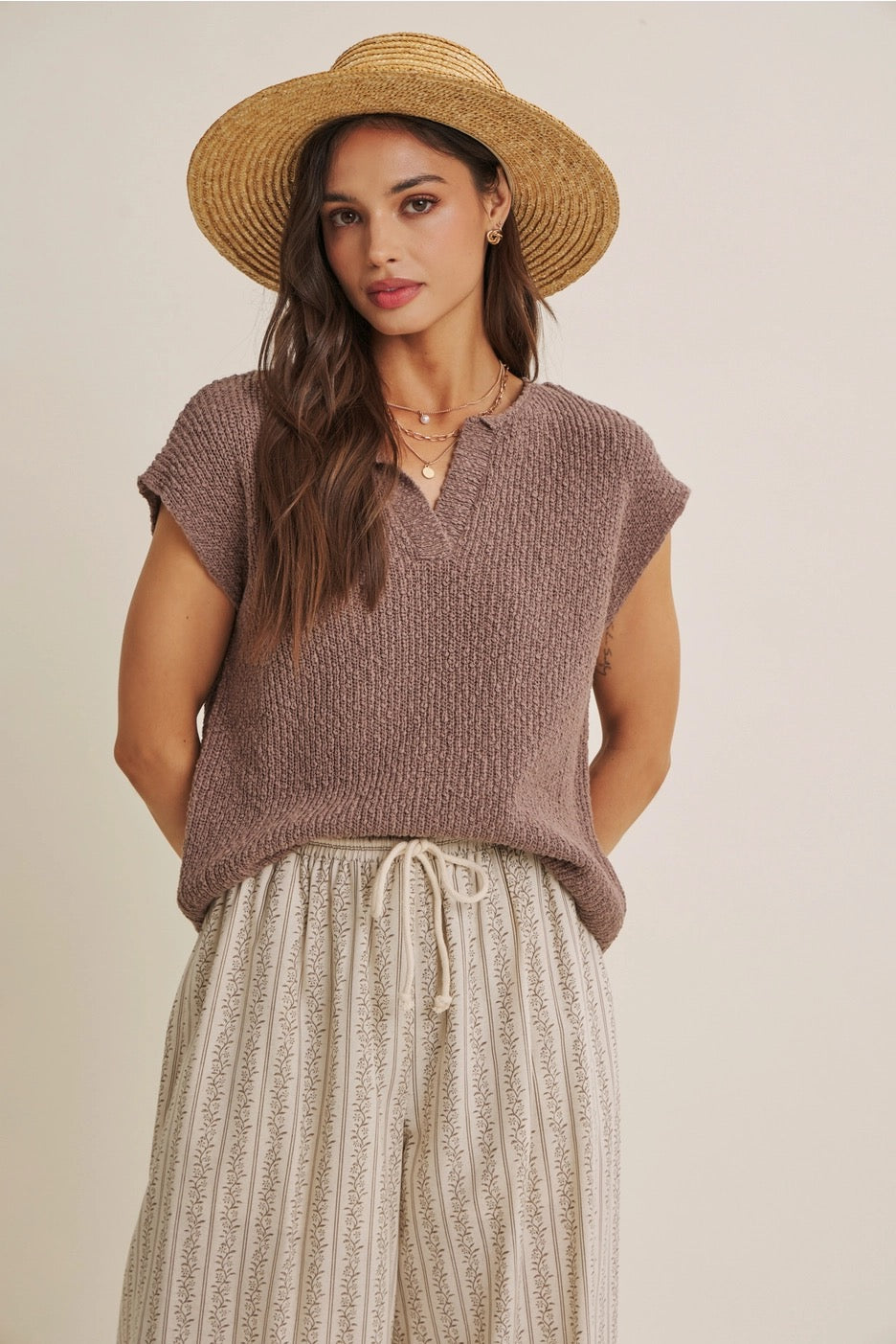 COTTON SLUB SLEEVELESS SWEATER-MOCHA-SMALL
