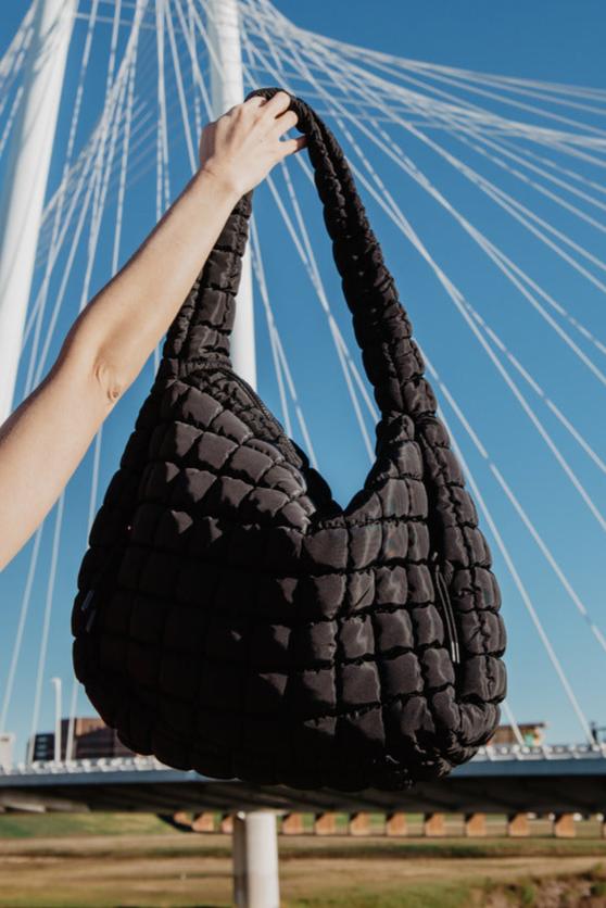 BLACK OVERSIZED QUILTED HOBO TOTE BAG