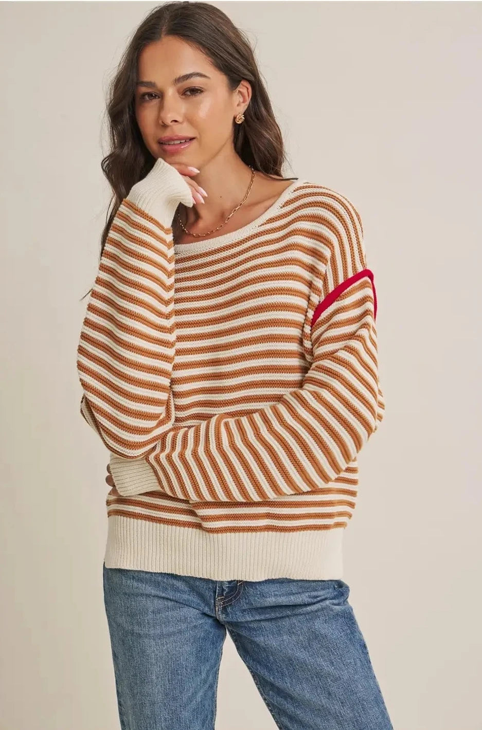 COTTON SWEATER WITH RED POP CONTRAST-TAUPE MULTI-MEDIUM