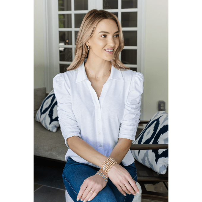 Grace Button-Up Elbow Length Tee - White - XSmall