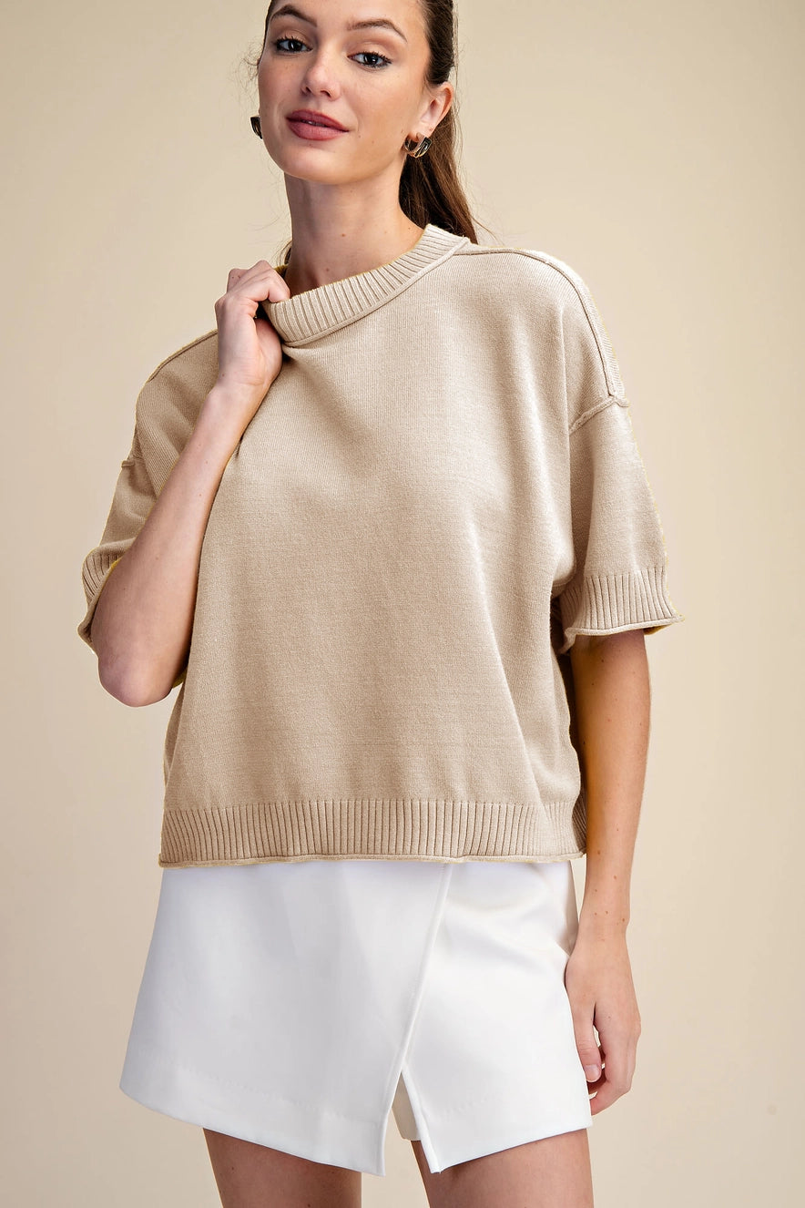Relaxed Sweater Crew-Neck Mid Sleeve - Beige - Small