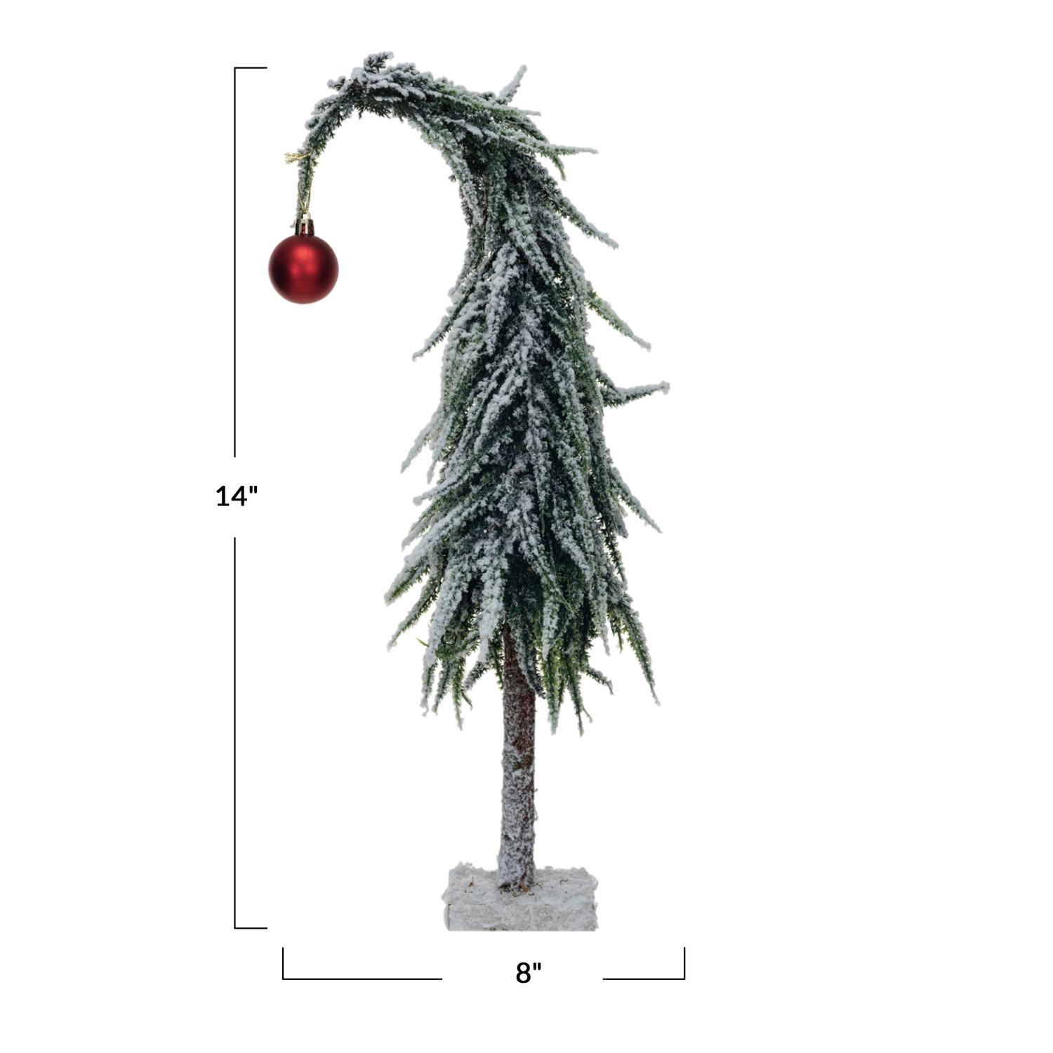 14" Faux Evergreen Tree w/Red Ball Ornament, Snow & Green