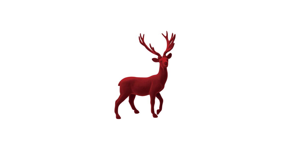 Flocked resin standing deer figurine in deep burgundy with large antlers on white background