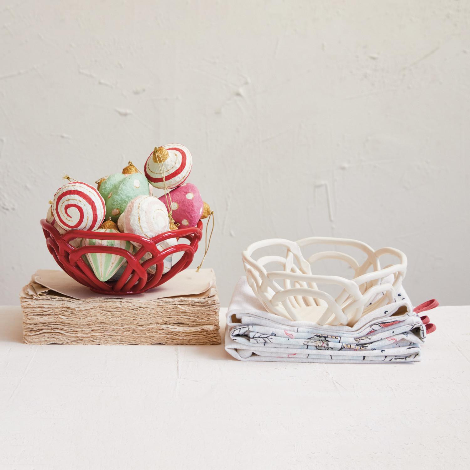 8 1/2" Round Handmade Stoneware Bread Basket, White