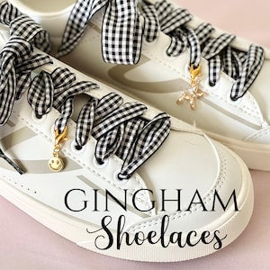 Pair of Gingham Red, White, & Blue Shoelaces w/ Charms- Multi Style