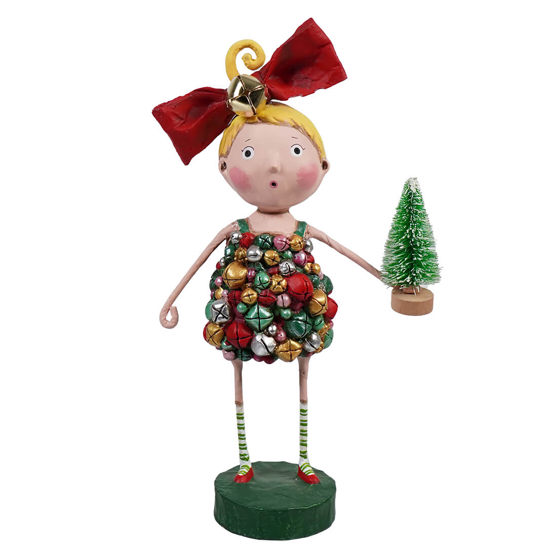 Lori Mitchell Jingle Belle figurine girl with jingle bell dress holding miniature Christmas tree