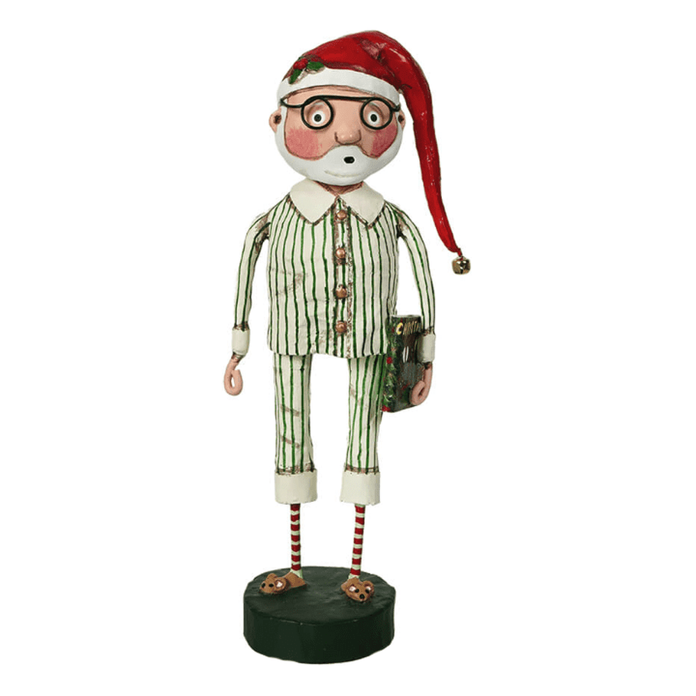 Lori Mitchell Storytime Santa figurine in striped pajamas holding a Christmas book