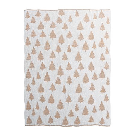 White cotton knit throw blanket with metallic gold embroidered Christmas tree pattern, 60x50 inches