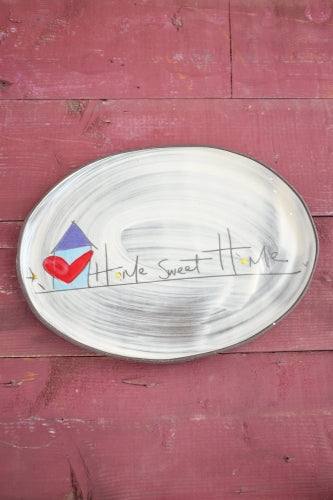 Z Pots oval ceramic tray with Home Sweet Home text and house illustration in white and gray