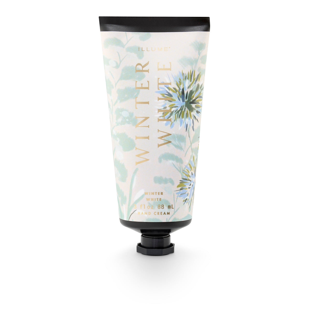 Illume Winter White Demi Hand Cream 88mL tube with botanical floral label design