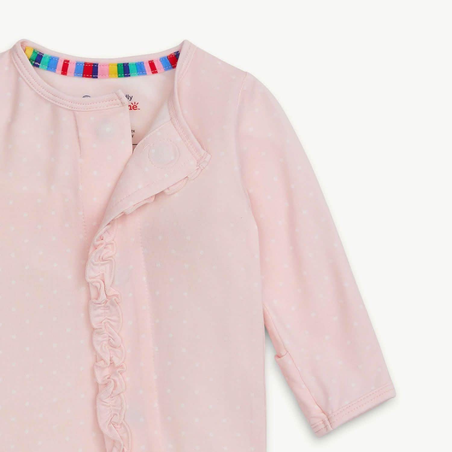 Pin Dot Pink Ruffle Placket Magnetic Footie 0-3 Months