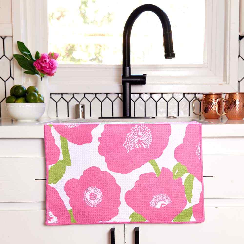 Pink Poppies blu Kitchen Tea Towel Pink