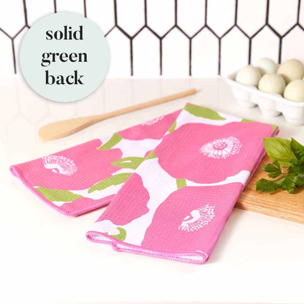 Pink Poppies blu Kitchen Tea Towel Pink