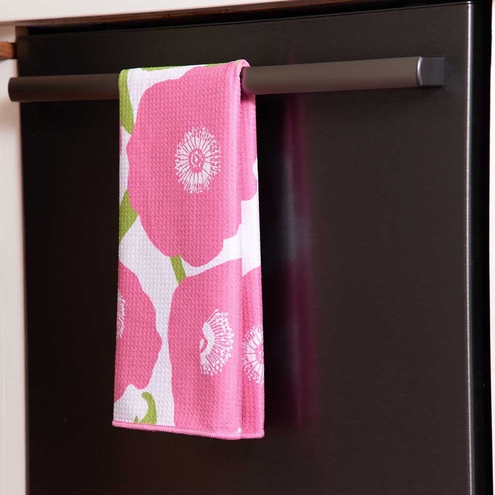 Pink Poppies blu Kitchen Tea Towel Pink